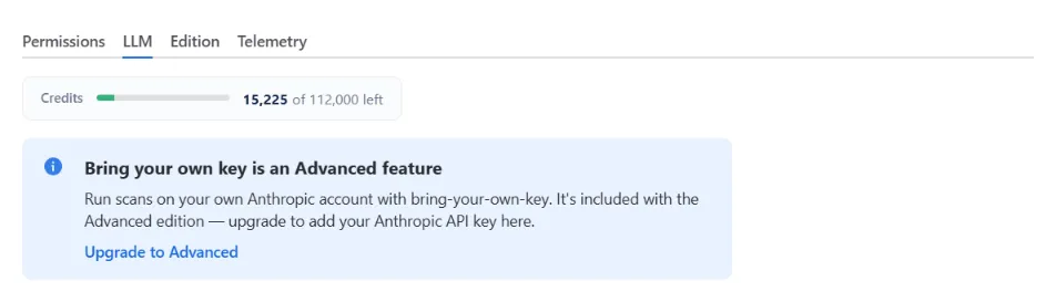 The LLM tab in WikiFix Admin as a Standard tenant sees it: the credits bar, then a panel reading "Bring your own key is an Advanced feature — run scans on your own Anthropic account with bring-your-own-key. It's included with the Advanced edition — upgrade to add your Anthropic API key here," with an "Upgrade to Advanced" link. On a paid Advanced plan this panel is replaced by the key field and the credits-first toggle.