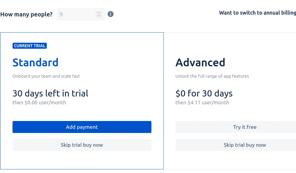 Atlassian's change-plan screen, showing "Skip trial buy now" beneath each plan. Plan names and prices shown are an Atlassian example, not WikiFix's pricing.