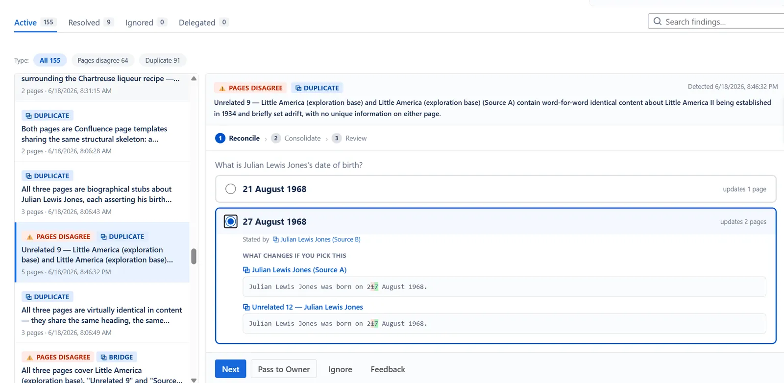 A WikiFix finding: two Confluence pages disagree on a fact, each answer quoted side by side, with one-click options to pick the correct answer or pass it to the page owner.