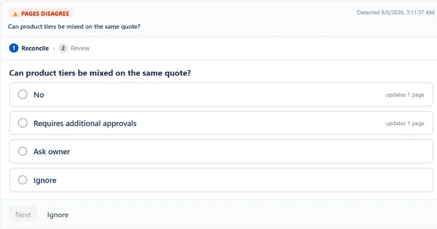 WikiFix finding: "Can product tiers be mixed on the same quote?" – one page says "No", one page says "Requires additional approvals". Options to pick an answer, ask the page owner, or ignore.