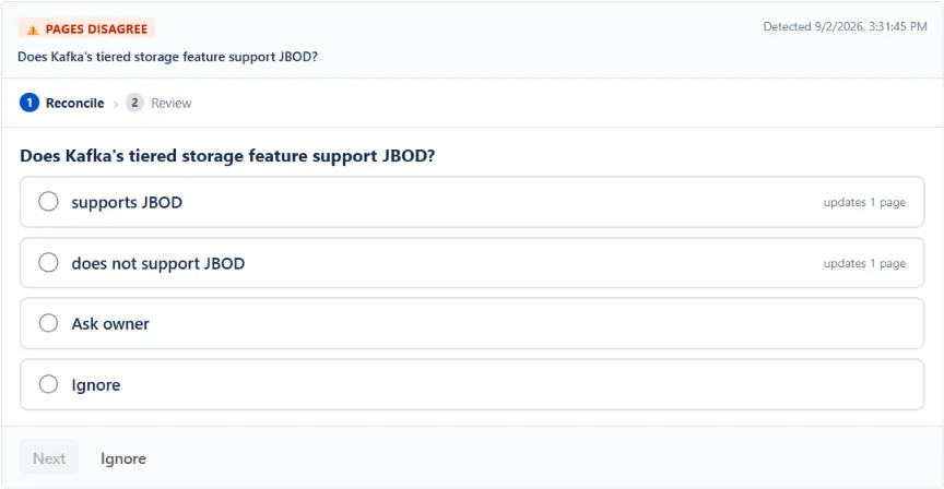 WikiFix finding: "Does Kafka's tiered storage feature support JBOD?" – one page says "supports JBOD", one page says "does not support JBOD". Options to pick an answer, ask the page owner, or ignore.