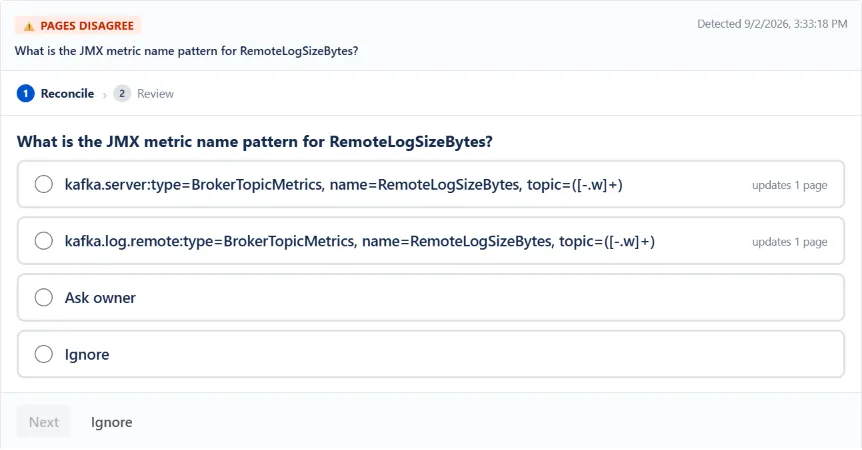 WikiFix finding: "What is the JMX metric name pattern for RemoteLogSizeBytes?" – one page says "kafka.log.remote:type=BrokerTopicMetrics, name=RemoteLogSizeBytes, topic=([-.w]+)", one page says "kafka.server:type=BrokerTopicMetrics, name=RemoteLogSizeBytes, topic=([-.w]+)". Options to pick an answer, ask the page owner, or ignore.