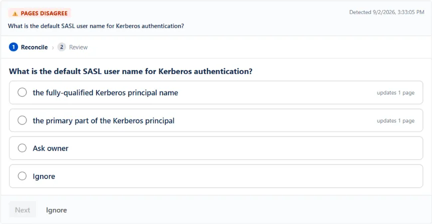 WikiFix finding: "What is the default SASL user name for Kerberos authentication?" – one page says "the fully-qualified Kerberos principal name", one page says "the primary part of the Kerberos principal". Options to pick an answer, ask the page owner, or ignore.