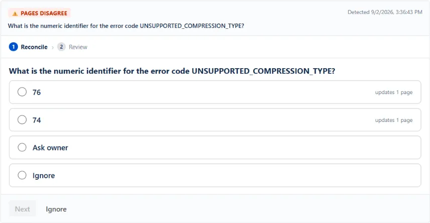 WikiFix finding: "What is the numeric identifier for the error code UNSUPPORTED_COMPRESSION_TYPE?" – one page says "74", one page says "76". Options to pick an answer, ask the page owner, or ignore.