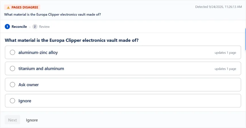 WikiFix finding: "What material is the Europa Clipper electronics vault made of?" – one page says "Aluminum-zinc alloy", one page says "Titanium and aluminum". Options to pick an answer, ask the page owner, or ignore.