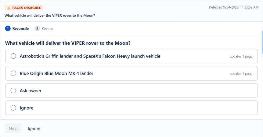 WikiFix finding: "What vehicle will deliver the VIPER rover to the Moon?" – one page says "Astrobotic's Griffin lander and SpaceX's Falcon Heavy", one page says "A Blue Origin Blue Moon MK-1 lander". Options to pick an answer, ask the page owner, or ignore.