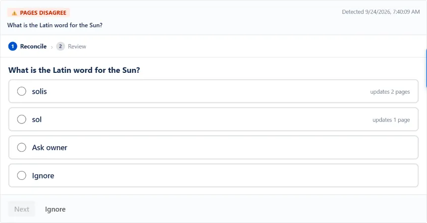 WikiFix finding: "What is the Latin word for the Sun?" – one page says "solis", one page says "sol". Options to pick an answer, ask the page owner, or ignore.
