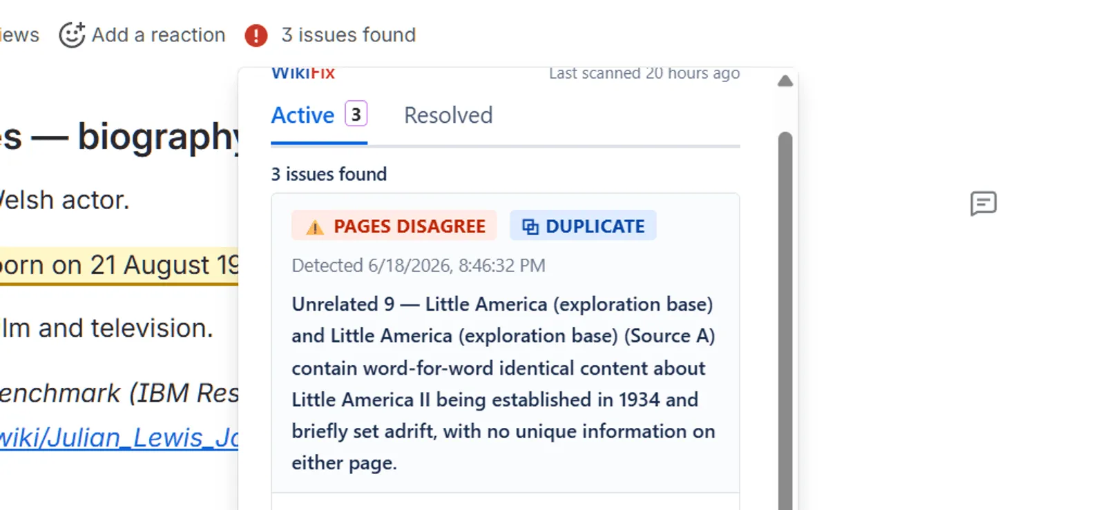 A Confluence page with WikiFix open in the byline: a '3 issues found' badge, and a panel asking 'What is the date of birth?' with the answers from each page laid out for the reader to pick.