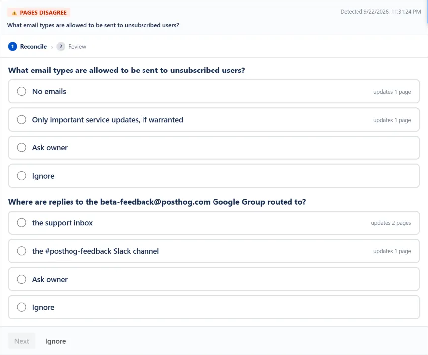 WikiFix finding: "What email types are allowed to be sent to unsubscribed users?" – one page says "No emails", one page says "Only important service updates, if warranted". Options to pick an answer, ask the page owner, or ignore.
