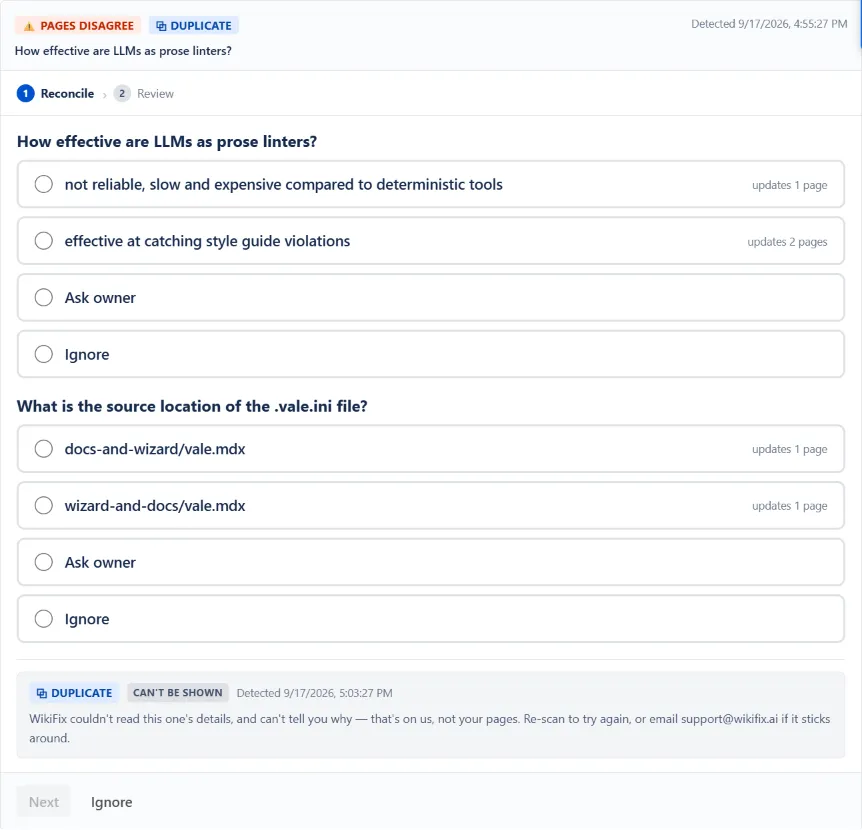 WikiFix finding: "How effective are LLMs as prose linters?" – one page says "effective at catching style guide violations", one page says "not reliable, slow and expensive compared to deterministic tools". Options to pick an answer, ask the page owner, or ignore.