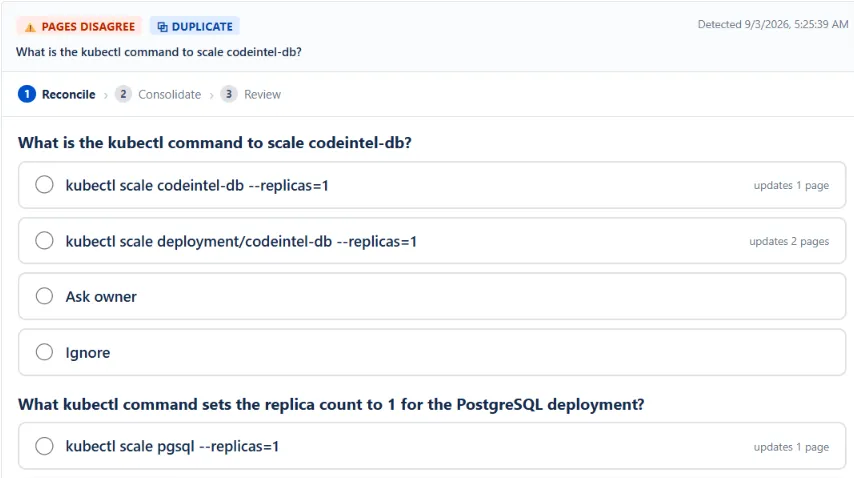 WikiFix finding: "What is the kubectl command to scale codeintel-db?" – one page says "kubectl scale codeintel-db --replicas=1", one page says "kubectl scale deployment/codeintel-db --replicas=1". Options to pick an answer, ask the page owner, or ignore.