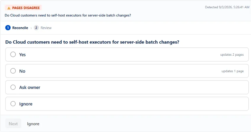 WikiFix finding: "Do Cloud customers need to self-host executors for server-side batch changes?" – one page says "No", one page says "Yes". Options to pick an answer, ask the page owner, or ignore.