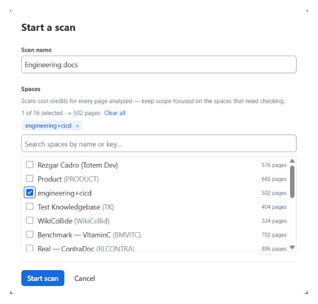 The "Start a scan" dialog: a Scan name field, and a space picker listing each space with its page count, a note that scans cost credits for every page analyzed, and a running "1 of 16 selected · ≈ 502 pages" total.